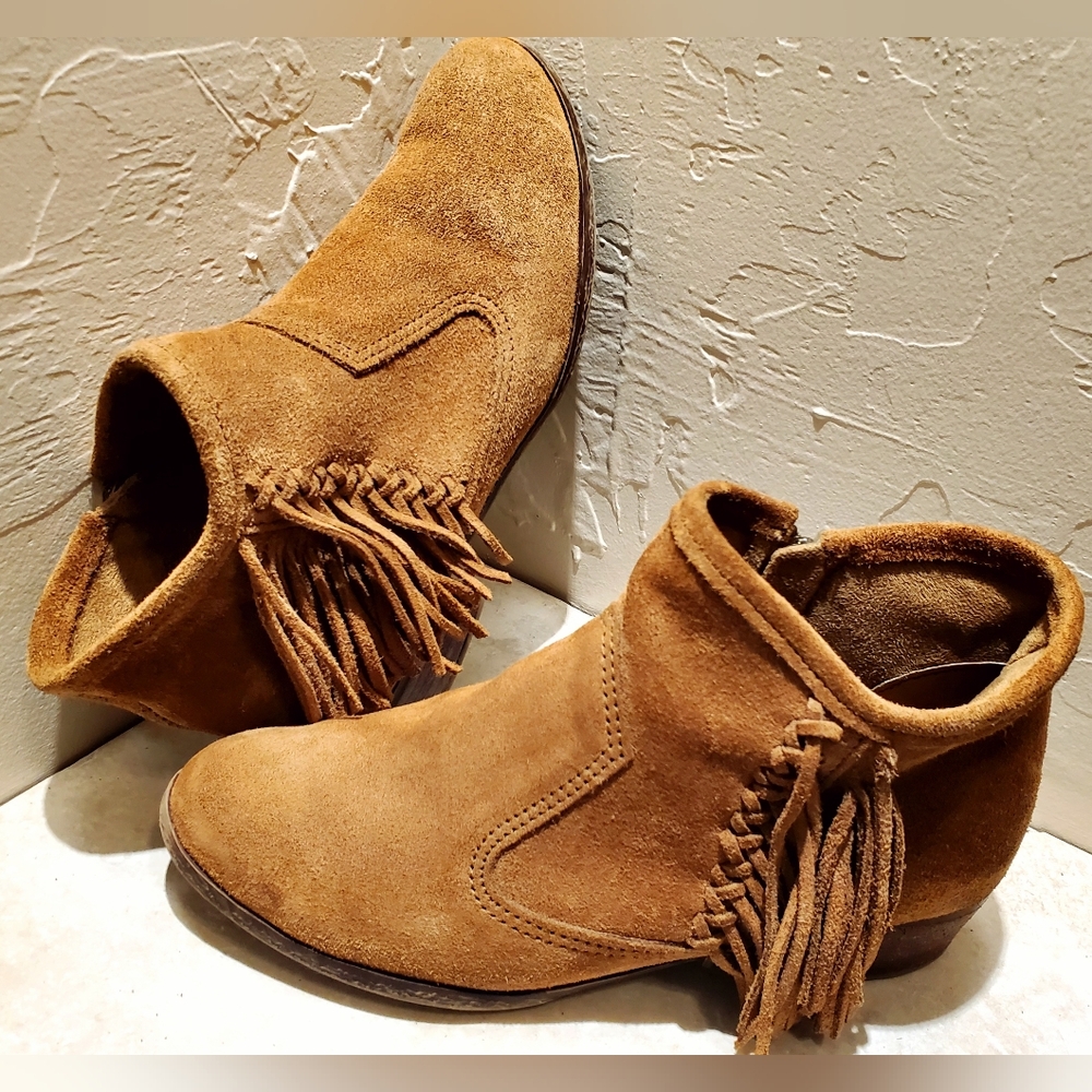 Women's Size 8 Minnetonka 1523 Brown Suede Fringed Side Zip Heeled Ankle Boots - Picture 11 of 11